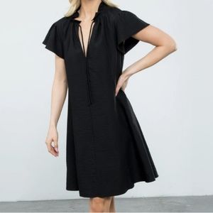 THML 🆕 Black Flutter Sleeve High Collar Oversize Lined Shift Mini Dress Pockets